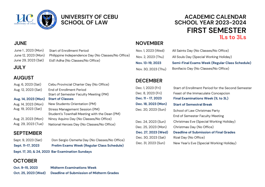 Academic Calendar - University of Cebu School of Law